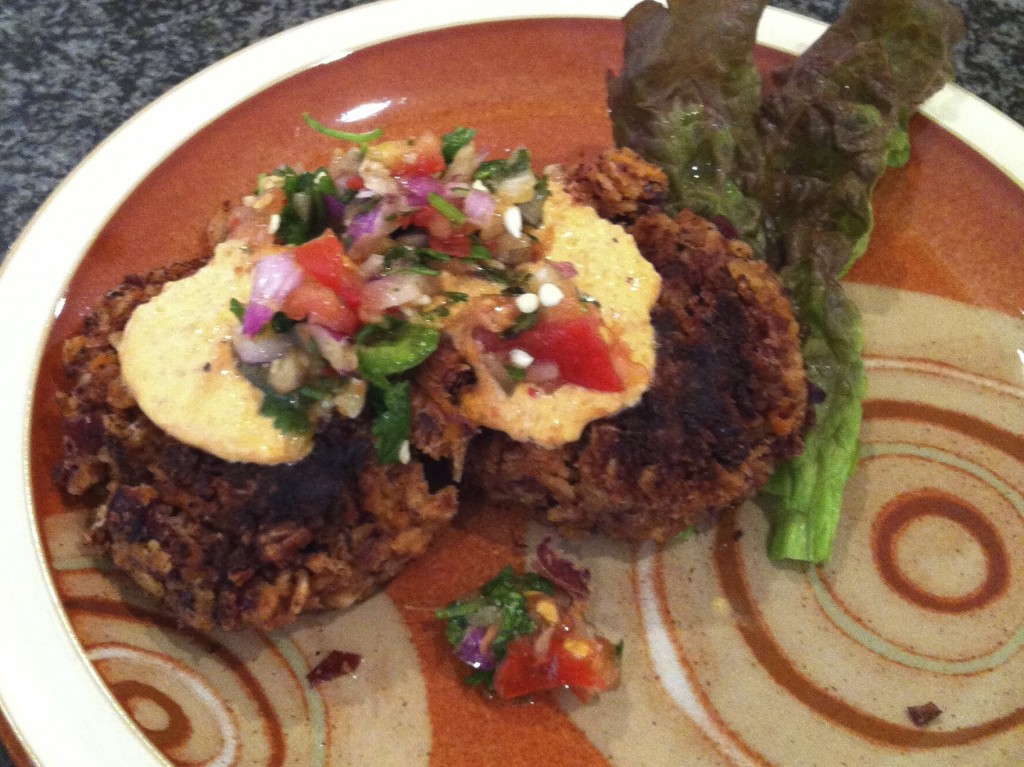 Pinto Bean Burgers w/Roasted Red Pepper Sauce and Salsa Cruda