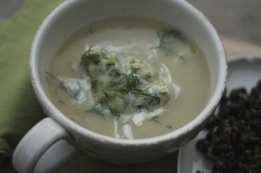 Vegan Potato & Leek Soup with Chive Dumplings