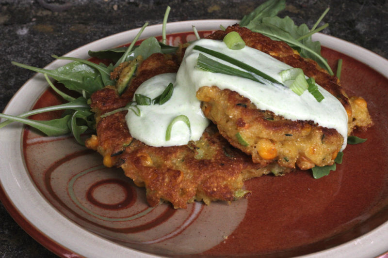 Fresh Corn and Zucchini Cakes with Herb Yogurt Dip